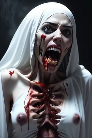 4k, realistic, female ghost eating human flesh body, sharp_teeth, scary_face, bloody