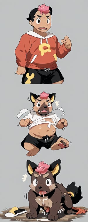 score_9, score_8_up, score_7_up,  source_furry, rating_explicit, oseronstyle, 1boy,roy, solo, transformation, chubby, Poochyena,  anthro, feral, sequence, transformation sequence, cute, roy_anipoke, black and pink hair,ejaculate