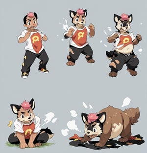 score_9, score_8_up, score_7_up,  source_furry, rating_explicit, oseronstyle, 1boy,roy, solo, transformation, chubby, Poochyena,  anthro, feral, sequence, transformation sequence, cute, roy_anipoke, black and pink hair,