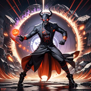 A demonic expert in hand-to-hand combat stands defensively, exuding an air of intimidation. The specter wears a black and grey attire with shining orange runes, its menacing eyes and diabolical smile gleaming with furious orange hues. In the background, a sinister portal forms, radiating red, vermilion, crimson, orange, and violet tones, like a swirling vortex of malevolent energy.