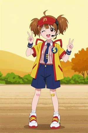 dctabemi, brown hair, short twintails, ahoge, black eyes,
dctabemi, brown hair, short twintails, ahoge, black eyes, visor cap, headset, jacket, open jacket, short sleeves, necktie, white shirt, striped shirt, collared shirt, blue shorts, wristband, bandaid on knees, shoes,
(score_anime,anime_source,anime_screencap1girl,solo:1.1),outdoors,
(8K,masterpiece,best quality,ultra detailed,highres:1.4),
looking at viewer,big smile,v sign,wink,