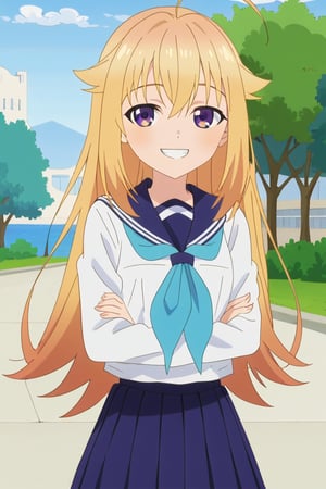 torako koshi, long hair, bangs, blonde hair, hair between eyes, very long hair, purple eyes, ahoge, sidelocks, hair flaps,
skirt, shirt, long sleeves, school uniform, white shirt, pleated skirt, serafuku, sailor collar, blue skirt, neckerchief, blue sailor collar, blue neckerchief,
(score_anime,anime_source,anime_screencap1girl,solo:1.2),outdoors,
(8K,masterpiece,best quality,ultra detailed,highres:1.4),
looking at viewer,half-closed eyes,arms crossed,grin,cowboy shot,