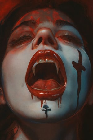 RetroSci style. This image is a highly detailed artwork depicting the close-up of a person's mouth and chin, focusing on the vampire theme. The subject has pale skin, with a glossy, almost wet texture, indicating a high level of realism in the digital medium. The lips are painted in a deep, glossy red, with a slight sheen that enhances the wet look. The teeth are sharp and white, with two prominent fangs protruding from the upper jaw. The tongue is slightly extended, adding to the vampire-like appearance. A black, cross-shaped tattoo is visible on the lower lip, adding a gothic touch to the image. The background is dark, with subtle hints of red and black, creating a dramatic contrast with the subject. The lighting in the image is soft but highlights the glossiness of the lips and the sheen on the skin, emphasizing the wetness and the vampire theme, power , chainsaw_man power , looking_at_viewer.