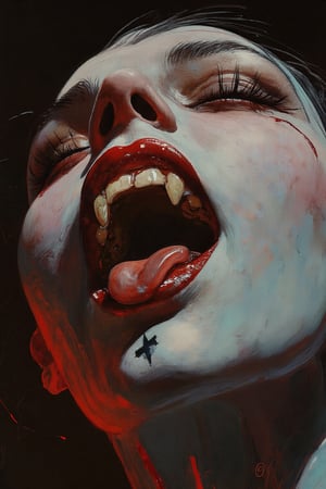 RetroSci style. This image is a highly detailed artwork depicting the close-up of a person's mouth and chin, focusing on the vampire theme. The subject has pale skin, with a glossy, almost wet texture, indicating a high level of realism in the digital medium. The lips are painted in a deep, glossy red, with a slight sheen that enhances the wet look. The teeth are sharp and white, with two prominent fangs protruding from the upper jaw. The tongue is slightly extended, adding to the vampire-like appearance. A black, cross-shaped tattoo is visible on the lower lip, adding a gothic touch to the image. The background is dark, with subtle hints of red and black, creating a dramatic contrast with the subject. The lighting in the image is soft but highlights the glossiness of the lips and the sheen on the skin, emphasizing the wetness and the vampire theme, power , chainsaw_man power , looking_at_viewer.