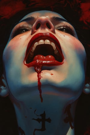 RetroSci style. This image is a highly detailed artwork depicting the close-up of a person's mouth and chin, focusing on the vampire theme. The subject has pale skin, with a glossy, almost wet texture, indicating a high level of realism in the digital medium. The lips are painted in a deep, glossy red, with a slight sheen that enhances the wet look. The teeth are sharp and white, with two prominent fangs protruding from the upper jaw. The tongue is slightly extended, adding to the vampire-like appearance. A black, cross-shaped tattoo is visible on the lower lip, adding a gothic touch to the image. The background is dark, with subtle hints of red and black, creating a dramatic contrast with the subject. The lighting in the image is soft but highlights the glossiness of the lips and the sheen on the skin, emphasizing the wetness and the vampire theme, power , chainsaw_man power , looking_at_viewer.