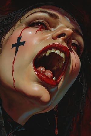 RetroSci style. This image is a highly detailed artwork depicting the close-up of a person's mouth and chin, focusing on the vampire theme. The subject has pale skin, with a glossy, almost wet texture, indicating a high level of realism in the digital medium. The lips are painted in a deep, glossy red, with a slight sheen that enhances the wet look. The teeth are sharp and white, with two prominent fangs protruding from the upper jaw. The tongue is slightly extended, adding to the vampire-like appearance. A black, cross-shaped tattoo is visible on the lower lip, adding a gothic touch to the image. The background is dark, with subtle hints of red and black, creating a dramatic contrast with the subject. The lighting in the image is soft but highlights the glossiness of the lips and the sheen on the skin, emphasizing the wetness and the vampire theme, power , chainsaw_man power , looking_at_viewer