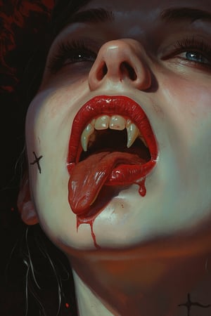 RetroSci style. This image is a highly detailed artwork depicting the close-up of a person's mouth and chin, focusing on the vampire theme. The subject has pale skin, with a glossy, almost wet texture, indicating a high level of realism in the digital medium. The lips are painted in a deep, glossy red, with a slight sheen that enhances the wet look. The teeth are sharp and white, with two prominent fangs protruding from the upper jaw. The tongue is slightly extended, adding to the vampire-like appearance. A black, cross-shaped tattoo is visible on the lower lip, adding a gothic touch to the image. The background is dark, with subtle hints of red and black, creating a dramatic contrast with the subject. The lighting in the image is soft but highlights the glossiness of the lips and the sheen on the skin, emphasizing the wetness and the vampire theme, power , chainsaw_man power , looking_at_viewer