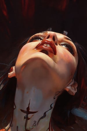 RetroSci style. This image is a highly detailed artwork depicting the close-up of a person's mouth and chin, focusing on the vampire theme. The subject has pale skin, with a glossy, almost wet texture, indicating a high level of realism in the digital medium. The lips are painted in a deep, glossy red, with a slight sheen that enhances the wet look. The teeth are sharp and white, with two prominent fangs protruding from the upper jaw. The tongue is slightly extended, adding to the vampire-like appearance. A black, cross-shaped tattoo is visible on the lower lip, adding a gothic touch to the image. The background is dark, with subtle hints of red and black, creating a dramatic contrast with the subject. The lighting in the image is soft but highlights the glossiness of the lips and the sheen on the skin, emphasizing the wetness and the vampire theme, power , chainsaw_man power , looking_at_viewer.