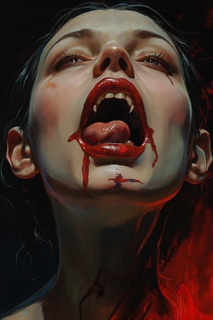 RetroSci style. This image is a highly detailed artwork depicting the close-up of a person's mouth and chin, focusing on the vampire theme. The subject has pale skin, with a glossy, almost wet texture, indicating a high level of realism in the digital medium. The lips are painted in a deep, glossy red, with a slight sheen that enhances the wet look. The teeth are sharp and white, with two prominent fangs protruding from the upper jaw. The tongue is slightly extended, adding to the vampire-like appearance. A black, cross-shaped tattoo is visible on the lower lip, adding a gothic touch to the image. The background is dark, with subtle hints of red and black, creating a dramatic contrast with the subject. The lighting in the image is soft but highlights the glossiness of the lips and the sheen on the skin, emphasizing the wetness and the vampire theme, power , chainsaw_man power , looking_at_viewer