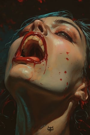 RetroSci style. This image is a highly detailed artwork depicting the close-up of a person's mouth and chin, focusing on the vampire theme. The subject has pale skin, with a glossy, almost wet texture, indicating a high level of realism in the digital medium. The lips are painted in a deep, glossy red, with a slight sheen that enhances the wet look. The teeth are sharp and white, with two prominent fangs protruding from the upper jaw. The tongue is slightly extended, adding to the vampire-like appearance. A black, cross-shaped tattoo is visible on the lower lip, adding a gothic touch to the image. The background is dark, with subtle hints of red and black, creating a dramatic contrast with the subject. The lighting in the image is soft but highlights the glossiness of the lips and the sheen on the skin, emphasizing the wetness and the vampire theme, power , chainsaw_man power , looking_at_viewer.