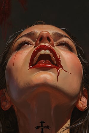 RetroSci style. This image is a highly detailed artwork depicting the close-up of a person's mouth and chin, focusing on the vampire theme. The subject has pale skin, with a glossy, almost wet texture, indicating a high level of realism in the digital medium. The lips are painted in a deep, glossy red, with a slight sheen that enhances the wet look. The teeth are sharp and white, with two prominent fangs protruding from the upper jaw. The tongue is slightly extended, adding to the vampire-like appearance. A black, cross-shaped tattoo is visible on the lower lip, adding a gothic touch to the image. The background is dark, with subtle hints of red and black, creating a dramatic contrast with the subject. The lighting in the image is soft but highlights the glossiness of the lips and the sheen on the skin, emphasizing the wetness and the vampire theme, power , chainsaw_man power , looking_at_viewer