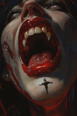 RetroSci style. This image is a highly detailed artwork depicting the close-up of a person's mouth and chin, focusing on the vampire theme. The subject has pale skin, with a glossy, almost wet texture, indicating a high level of realism in the digital medium. The lips are painted in a deep, glossy red, with a slight sheen that enhances the wet look. The teeth are sharp and white, with two prominent fangs protruding from the upper jaw. The tongue is slightly extended, adding to the vampire-like appearance. A black, cross-shaped tattoo is visible on the lower lip, adding a gothic touch to the image. The background is dark, with subtle hints of red and black, creating a dramatic contrast with the subject. The lighting in the image is soft but highlights the glossiness of the lips and the sheen on the skin, emphasizing the wetness and the vampire theme, power , chainsaw_man power , looking_at_viewer.