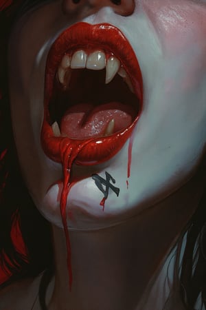 RetroSci style. This image is a highly detailed artwork depicting the close-up of a person's mouth and chin, focusing on the vampire theme. The subject has pale skin, with a glossy, almost wet texture, indicating a high level of realism in the digital medium. The lips are painted in a deep, glossy red, with a slight sheen that enhances the wet look. The teeth are sharp and white, with two prominent fangs protruding from the upper jaw. The tongue is slightly extended, adding to the vampire-like appearance. A black, cross-shaped tattoo is visible on the lower lip, adding a gothic touch to the image. The background is dark, with subtle hints of red and black, creating a dramatic contrast with the subject. The lighting in the image is soft but highlights the glossiness of the lips and the sheen on the skin, emphasizing the wetness and the vampire theme, power , chainsaw_man power , looking_at_viewer