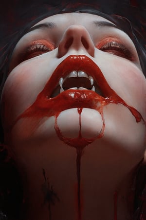 RetroSci style. This image is a highly detailed artwork depicting the close-up of a person's mouth and chin, focusing on the vampire theme. The subject has pale skin, with a glossy, almost wet texture, indicating a high level of realism in the digital medium. The lips are painted in a deep, glossy red, with a slight sheen that enhances the wet look. The teeth are sharp and white, with two prominent fangs protruding from the upper jaw. The tongue is slightly extended, adding to the vampire-like appearance. A black, cross-shaped tattoo is visible on the lower lip, adding a gothic touch to the image. The background is dark, with subtle hints of red and black, creating a dramatic contrast with the subject. The lighting in the image is soft but highlights the glossiness of the lips and the sheen on the skin, emphasizing the wetness and the vampire theme, power , chainsaw_man power , looking_at_viewer.