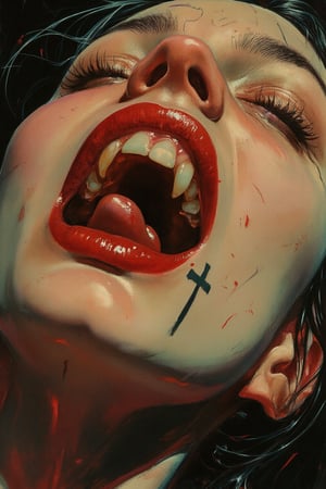 RetroSci style. This image is a highly detailed artwork depicting the close-up of a person's mouth and chin, focusing on the vampire theme. The subject has pale skin, with a glossy, almost wet texture, indicating a high level of realism in the digital medium. The lips are painted in a deep, glossy red, with a slight sheen that enhances the wet look. The teeth are sharp and white, with two prominent fangs protruding from the upper jaw. The tongue is slightly extended, adding to the vampire-like appearance. A black, cross-shaped tattoo is visible on the lower lip, adding a gothic touch to the image. The background is dark, with subtle hints of red and black, creating a dramatic contrast with the subject. The lighting in the image is soft but highlights the glossiness of the lips and the sheen on the skin, emphasizing the wetness and the vampire theme, power , chainsaw_man power , looking_at_viewer