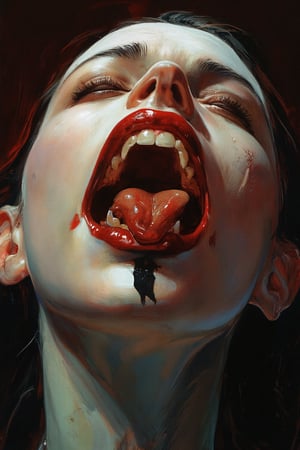 RetroSci style. This image is a highly detailed artwork depicting the close-up of a person's mouth and chin, focusing on the vampire theme. The subject has pale skin, with a glossy, almost wet texture, indicating a high level of realism in the digital medium. The lips are painted in a deep, glossy red, with a slight sheen that enhances the wet look. The teeth are sharp and white, with two prominent fangs protruding from the upper jaw. The tongue is slightly extended, adding to the vampire-like appearance. A black, cross-shaped tattoo is visible on the lower lip, adding a gothic touch to the image. The background is dark, with subtle hints of red and black, creating a dramatic contrast with the subject. The lighting in the image is soft but highlights the glossiness of the lips and the sheen on the skin, emphasizing the wetness and the vampire theme, power , chainsaw_man power , looking_at_viewer.