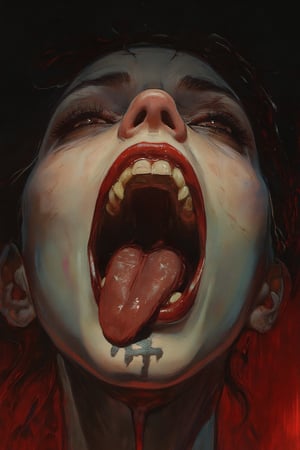 RetroSci style. This image is a highly detailed artwork depicting the close-up of a person's mouth and chin, focusing on the vampire theme. The subject has pale skin, with a glossy, almost wet texture, indicating a high level of realism in the digital medium. The lips are painted in a deep, glossy red, with a slight sheen that enhances the wet look. The teeth are sharp and white, with two prominent fangs protruding from the upper jaw. The tongue is slightly extended, adding to the vampire-like appearance. A black, cross-shaped tattoo is visible on the lower lip, adding a gothic touch to the image. The background is dark, with subtle hints of red and black, creating a dramatic contrast with the subject. The lighting in the image is soft but highlights the glossiness of the lips and the sheen on the skin, emphasizing the wetness and the vampire theme, power , chainsaw_man power , looking_at_viewer.