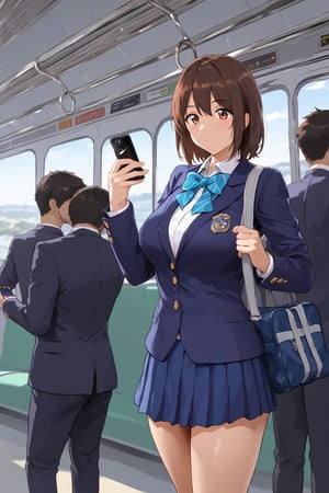 (nsfw),school uniform,blazer,1girl,shoulder_school bag,{{{looking at phone}}},train interior,((standing)),1 girl is brown medium hair,brown eye,wide hip,mini_skirt,operating a smartphone, :> ,kawaii,