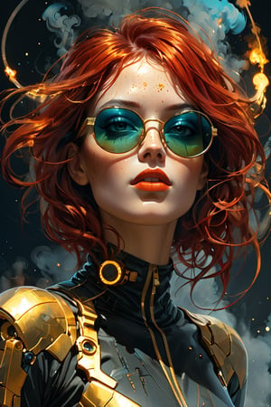 ASCIIdesigned by greg manchess,smoke, full body shot of a beautiful woman, bright detailed eyes, sleek scarlet hair, dense freckles, matte lips, long legs, futuristic, gold glasses, trending on art station, smoke, abstract, photoreal, 8 k, octane render by greg rutkowski, art by Carne Griffiths and Wadim Kashin ,in the style of Dau-al-Set, Pollock, Travis charest, and inspired by MAPPA and Zdzislaw Beksinski,   
,more detail XL