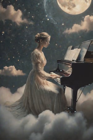 surrealist image, a woman in a long dress, playing the piano, floating among the clouds of infinity, at a starrynight,  full moon on background, dark fantasy tones, delicate detailing,subtle texture,soft-focus effect,soft shadows,minimalist aesthetic,gentle illumination,elegant simplicity,serene composition timeless appeal,visual softness,extremely high quality high detail RAW color photo,professional lighting,sophisticated color grading,sharp focus,soft bokeh,striking contrast,dramatic flair,depth of field,seamless blend of colors,CGI digital painting,cinematic still 35mm,CineStill 50D,800T,natural lighting,shallow depth of field,crisp details,hbo netflix film color LUT,32K,UHD,HDR,film light,panoramic shot,breathtaking,hyper-realistic,ultra-realism,high-speed photography,perfect contrast,award-winning phography,directed by lars von trie,