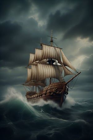 a high quality digital illustration of a vintage (Voyage) ship,on the front it was shaped like a dragon's head with its mouth wide open,  Inspired by the Chronicles of Narnia, Dawn Treader, sailing through a stormy sea, retro, adventure, aged, detailed, dynamic composition, moody lighting, textured, realistic, front view, historical, epic scene, cinematic, high detail, digital art, 4k, epic masterpiece ,xxmixgirl