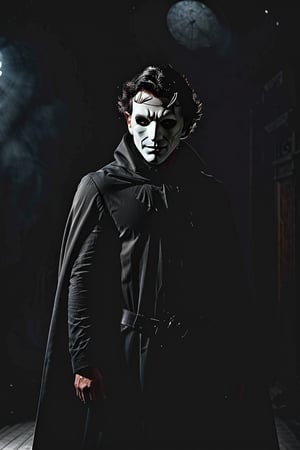 A man in a black cloak and white mask, with dark, wavy hair, stands on an old theater stage, illuminated by a single light from above, creating dramatic shadows around him. The camera is positioned at a low angle, capturing his intense expression and the details of the mask. His gaze is penetrating and melancholic, conveying a mix of emotions such as mystery, sadness, and determination.,dark
