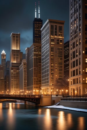 Hyper realistic close-up image, highly detailed, perfect angle, perfect composition, golden ratio, of the city of Chicago, overlooking the Chicago River and its imposing, illuminated buildings on a snowy winter night, delicate detailing,subtle texture,soft-focus effect,soft shadows,minimalist aesthetic,gentle illumination,elegant simplicity,serene composition timeless appeal,visual softness,extremely high quality high detail RAW color photo,professional lighting,sophisticated color grading,sharp focus,soft bokeh,striking contrast,dramatic flair,depth of field,seamless blend of colors,CGI digital painting,cinematic still 50mm,CineStill 50D,800T,natural lighting,shallow depth of field,crisp details,hbo netflix film color LUT,32K,UHD,HDR,film light,panoramic shot,breathtaking,hyper-realistic,ultra-realism,high-speed photography,perfect contrast,award-winning phography,directed by lars von trie