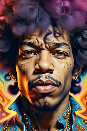 hyper realistic  image, Jimi Hendrix' face , psychedelic background, trending on artstation, sharp focus, studio photo, intricate details, highly detailed, duotone color, digital painted, oil painted style. , trending on artstation, sharp focus, studio photo, intricate details, highly detailed,greg rutkowski