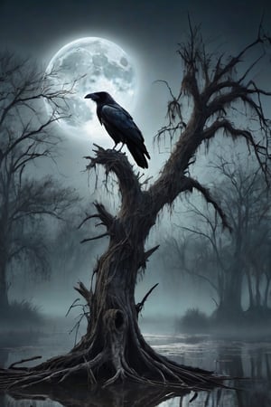 Ultra realistic image, high detailed,  intricated details, old and abandoned tree, worn and corroded by time in a swamp, a crow perched on a dry branch and a big full moon in the background, fog in the air, horror style, dark and dramatic lighting,UHD, HDR, RAW, greg rutkowsky style,DonMN1gh7XL 