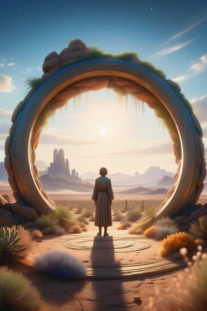 hyper realistic image, a circle of light, in a desert, within it an image of a different location with blue sky and rich, colorful vegetation, like a portal to another dimension, a mysterious figure standing, as if entering the portal , atmosphere of mystery, sci-fi style, delicate detailing,subtle texture,soft-focus effect,soft shadows,minimalist aesthetic,gentle illumination,elegant simplicity,serene composition timeless appeal,visual softness,extremely high quality high detail RAW color photo,professional lighting,sophisticated color grading,sharp focus,soft bokeh,striking contrast,dramatic flair,depth of field,seamless blend of colors,CGI digital painting,cinematic still 35mm,CineStill 50D,800T,natural lighting,shallow depth of field,crisp details,hbo netflix film color LUT,32K,UHD,HDR,film light,panoramic shot,breathtaking,hyper-realistic,ultra-realism,high-speed photography,perfect contrast,award-winning phography,directed by lars von trie,style