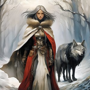 In a serene snowy forest, a fierce female warrior stands tall, her piercing blue eyes locked onto the viewer. She wears a medieval cloak with fur-trimmed edges and long silver-white hair cascading down her back, adorned with a gemstone tassel and a hair ornament. Her lips are painted a deep crimson, and her eyelashes flutter with an air of rebelliousness. The simple background is bathed in ethereal light, casting intricate shadows on the warrior's fur-trimmed cloak and Gothic-inspired makeup. Kyoto Animation stylized anime elements enhance the cinematic quality, with insane attention to detail and hyper-maximalist decoration. HDR and UHD rendering bring forth a masterpiece of breathtaking beauty, as if Unreal Engine brought this scene to life.,esao andrews