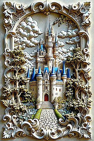 A meticulously crafted 3D artwork of a majestic castle surrounded by intricate details. The castle is central and is adorned with multiple spires, turrets, and ornate architectural features. The background is framed by elaborate cloud formations, and the entire scene is enveloped in a serene ambiance. The castle is surrounded by lush greenery, including trees and bushes, and there's a pathway leading to its entrance. The entire artwork exudes a sense of fantasy and fairy tale.