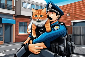 cat sits on a policeman's head