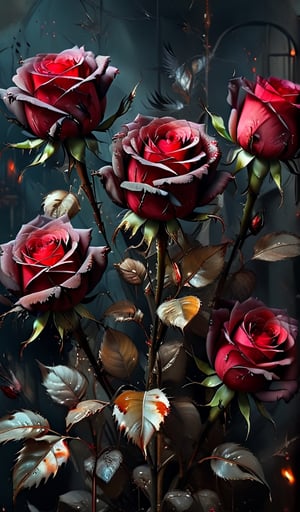 Fantasy art style, Ethereal, disturbing cursed roses feathers embers, rich dark colors vibrant style dark hues, night, uhd overalldetail 32k.,Expressiveh
