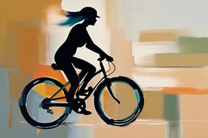 woman with her bicycle, rendered in abstract, sweeping brushstrokes. Iridescent paint captures fleeting moments of light, while earthy tones ground the piece.