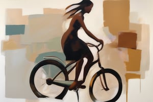 woman with her bicycle, rendered in abstract, sweeping brushstrokes. Iridescent paint captures fleeting moments of light, while earthy tones ground the piece.