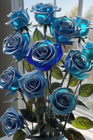 a bunch of roses, made of glass but each rose has their own colour, sunlight shimmering off them,DonM1r0nF1l1ng5XL