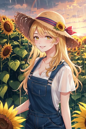 aaemma sano , Tokyo revengers, Blonde hair, long hair, yellow eyes, sunflower field, straw hat, overalls, smile, sunset, rain, sky with a rainbow, countryside, best detailed 