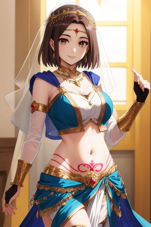 Belly dancer outfit, turban, bracer, brooch, neck ring, circlet, bridal gauntlets, (crop top), veil, tattoo, pelvic curtain, stomach, gem, gold trim, jewelry, sash, thighlet Short hair, brown hair, brown eyes,Kotoha Tachibana , female anatomy, big eyes,  Poses , Smile, light makeup, 