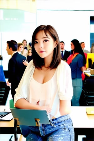 1 girl, naked_shirt,

in an office with many people