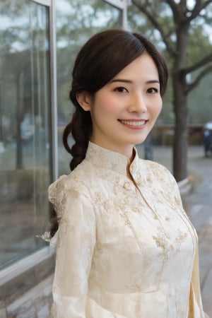 In the image, a woman is standing in front of a glass facade that reflects her image. She is wearing a traditional Chinese dress adorned with floral patterns and gold accents. Her hair is styled in a braid that rests over her right shoulder. The background suggests an urban environment, with a tree visible behind her. The overall tone of the image is bright and cheerful, highlighted by the woman's smile and the daylight setting.