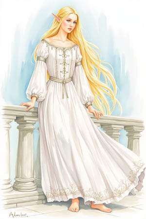  closeup. watercolor by Allan Lee. watercolor. Tolkien illustration. Queen of Gondolin.  beautiful female elf. pointy ears.  long blonde hair. blue eyes. pale white skin. long slender face. intricate white dress. elegant dress. modest dress. historically accurate dress. medieval era. long blonde hair. barefoot. white elven city. standing on the balcony.