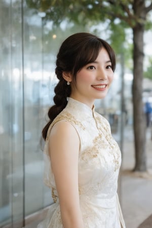 In the image, a woman is standing in front of a glass facade that reflects her image. She is wearing a traditional Chinese dress adorned with floral patterns and gold accents. Her hair is styled in a braid that rests over her right shoulder. The background suggests an urban environment, with a tree visible behind her. The overall tone of the image is bright and cheerful, highlighted by the woman's smile and the daylight setting.