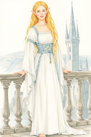  closeup. watercolor by Allan Lee. watercolor. Tolkien illustration. Queen of Gondolin.  beautiful female elf. pointy ears.  long blonde hair. blue eyes. pale white skin. long slender face. intricate white dress. elegant dress. modest dress. historically accurate dress. medieval era. long blonde hair. barefoot. white elven city. standing on the balcony.