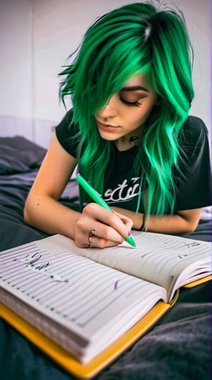 Masterpiece, bestquality,4K,highres, ultra-detailed, 

wide angle picture of a beautiful teenage girl writing on her diary in her bedroom, emo style, green hair,