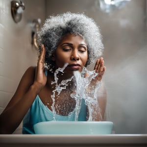 ((masterpiece, best quality)), absurdres, (Photorealistic 1.2), sharp focus, highly detailed, top quality, Ultra-High Resolution, HDR, 8K, epiC35mm, film grain, moody photography, (color saturation:-0.4), lifestyle photography,

Beautiful old African-American woman washing her face at a fancy bathroom sink, curly grey hair, (Nicky Minaj:0.4)