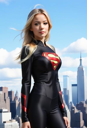 front face, superhero, girl, new york background, black suit, on the sky, blonde,
