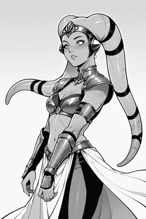 score_9, score_8_up, score_7_up, BREAK, 1girl, twi'lek, knight, fancy armor, flat color, lineart, monochrome, greyscale, 