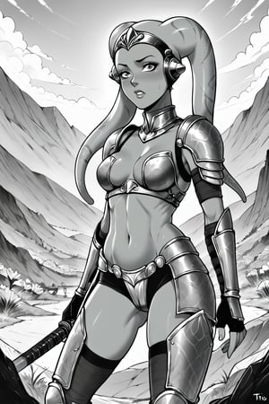 score_9, score_8_up, score_7_up, BREAK, 1girl, twi'lek, knight, heavy armor, flat color, lineart, monochrome, greyscale, 