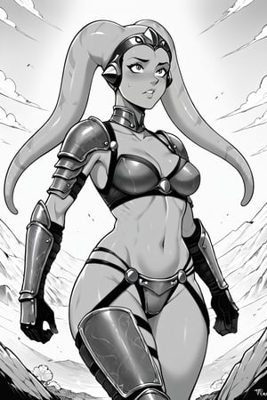 score_9, score_8_up, score_7_up, BREAK, 1girl, twi'lek, knight, heavy armor, flat color, lineart, monochrome, greyscale, 